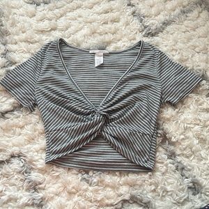 Striped Short Sleeve Cross Front Crop Top